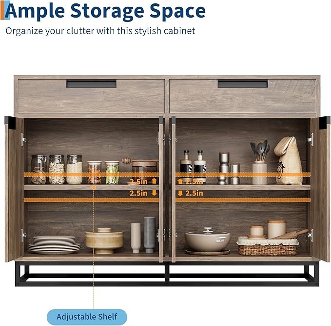 Garvee Kitchen Buffet Cabinet 55 Inch Large Modern Sideboard with 2 Drawers and 4 Doors, Coffee Bar Buffet Table for Kitchen and Dining Room, Brown