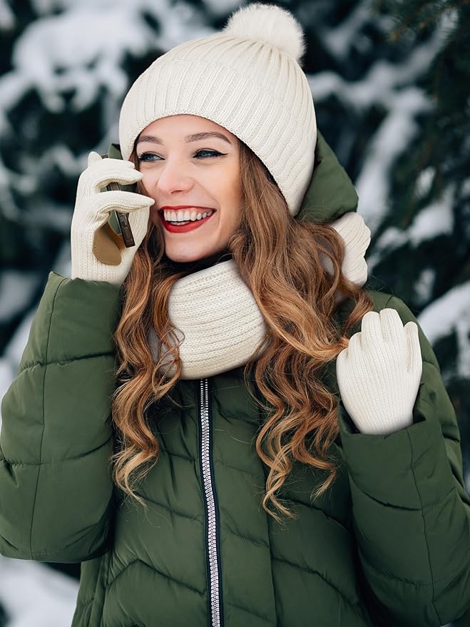 LOROME Women Winter Beanie Hat Scarf Gloves Set, Fleece Knitted Pompom Hat Warm Neck Scarf Touchscreen Gloves Winter Gift
