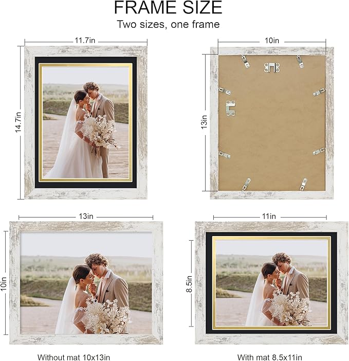 10x13 Picture Frame Set of 4, Made of Real Glass and Distressed White Frame, 10 by 13 Photo for Wall or Tabletop - Display Picture 8.5x11 with Mat or 10x13 Without Mat
