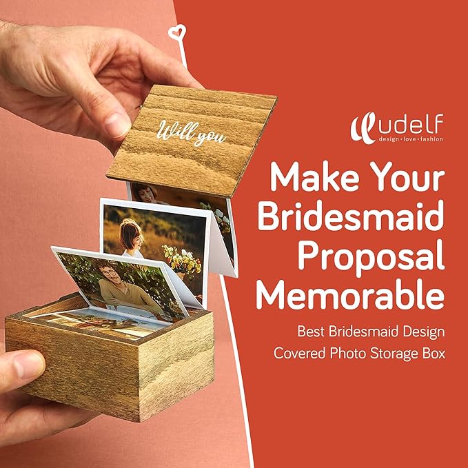 udelf Bridesmaid Proposal Box – Rustic Wooden Accordion Photo Pull Out Box with “Will You Be My Bridesmaid?” Design – Keepsake Gift for Bridesmaid or Maid of Honor Proposal – 14 Photos 3"x2"