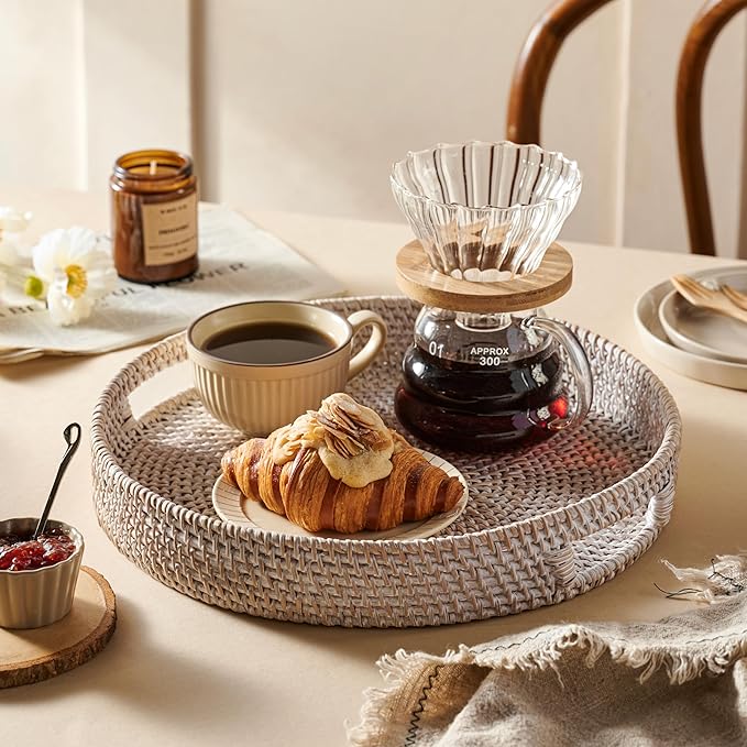 JUNGLE CULTURE Large Rattan Serving Tray 14" in Whitewash • Round Table Basket • Wicker Ottoman Trays with Handles for Coffee Table, Bed Side or Couch • Flat Circle Woven Tray • Boho Farmhouse Decor