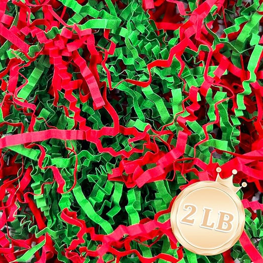 2 LB Crinkle Cut Paper Shred Filler Great for Gift Wrapping, Basket Fillers, Birthday, Gift Wrapping, Anniversary, Halloween Christmas Party Decor Filling Supplies Red Green