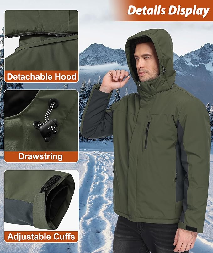 Mens Winter Snow Jacket Waterproof Ski Jackets Snowboard Rain Warm Coat Insulated Hood Fleece Lined