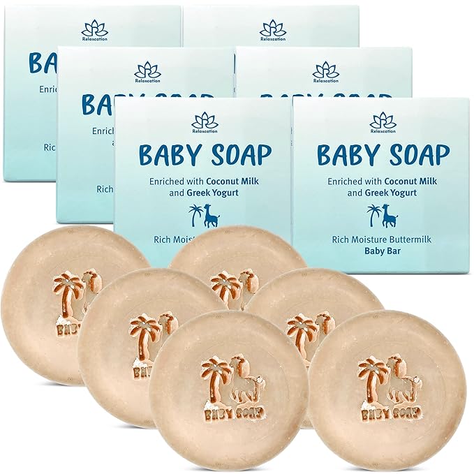 Organic Baby Soap Bars with Greek Yogurt and Coconut Milk - Naturally Cold Processed from Fresh Ingredients - Gift for Newborns, Baby, Kids and Adults with Sensitive Skin Handmade in USA (Set of 6)