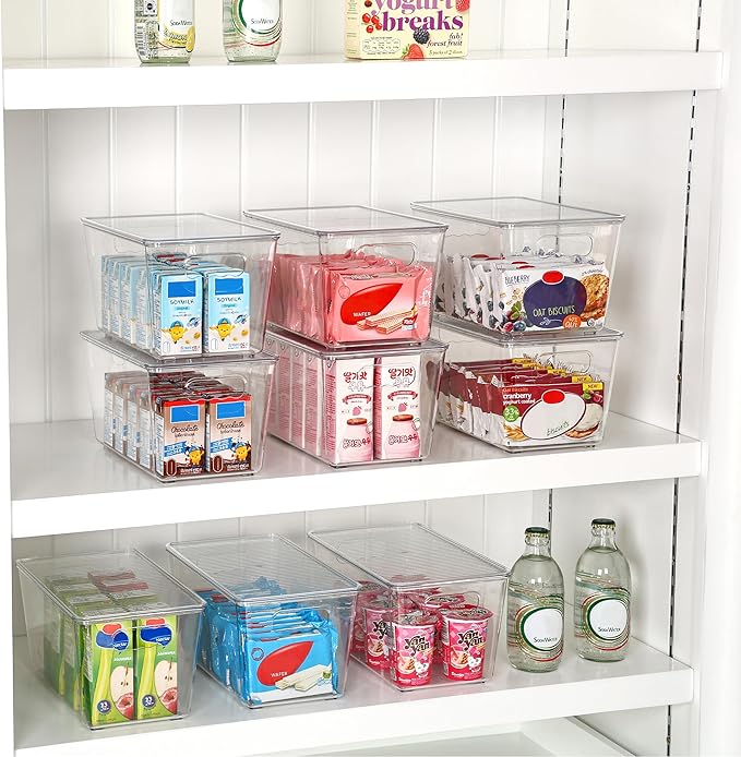 Vtopmart 12 Pack Clear Stackable Storage Bins with Lids, Medium Plastic Containers with Handle for Pantry Organizer and Storage,Perfect for Kitchen,Fridge,Cabinet, Closet,Bathroom Organization