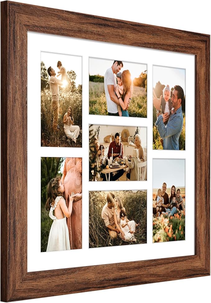 13.5x15.5 Picture Frame Display 7 opening 4X6 Picture Frame Collage,Multi Photo Frame with Mat,Plexiglass,Wall or Tabletop Decor,Carbonized Brown Wood Grain