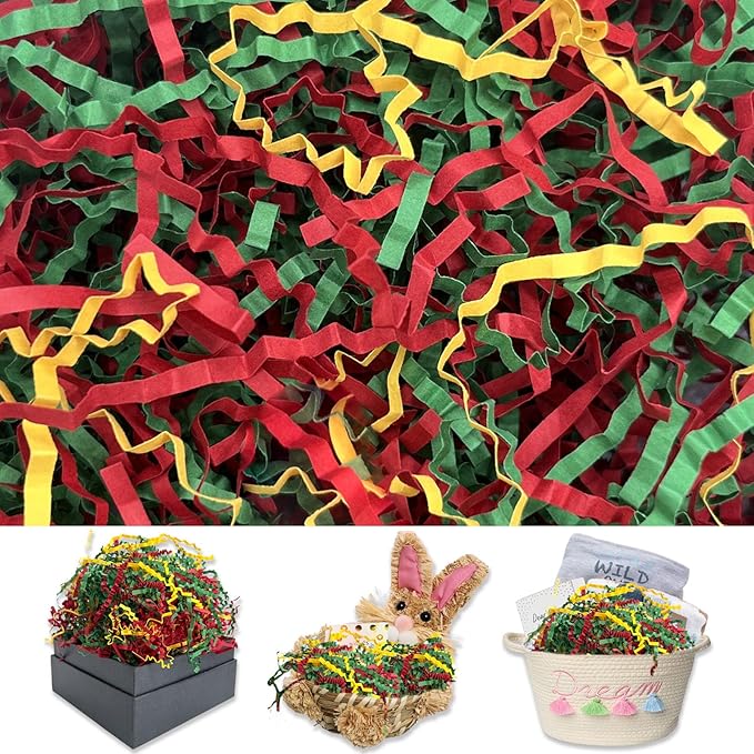 Gold Red Green Crinkle Cut Paper Shred Filler, 2 LB Basket Filler Shredded Paper, Confetti Stuffing for Basket Filling, Mother's Day, Birthdays, Weddings, DIY Gift Wrapping, Stuffer Party Supplies
