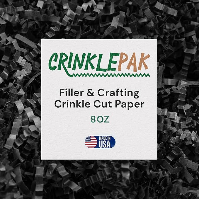 USA Made Crinkle Cut Paper Shred Filler Great for Shipping Packages, Gift Wrap, Basket Filling and All Other Occasions 8 OZ Black