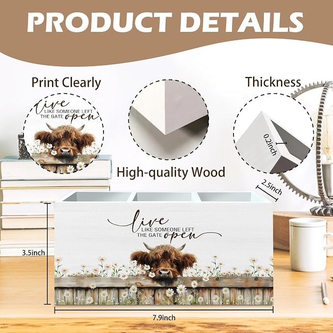 DILSJ Inspirational Highland Cow Pen Pencil Holder Organizer for Desk, Highland Cow Gifts for Women, Live Like Someone Left The Gate Open Wooden Box Signs for Home Office Desk Tabletop Decoration