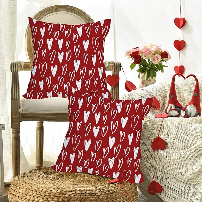 Fukeen 2 Pack Waterproof Outdoor Valentines Day Pillow Covers 22x22 Inch White Red Love Heart Holiday Throw Pillow Cases Romantic Valentine Farmhouse Decorations Cushion Cover Double Sided