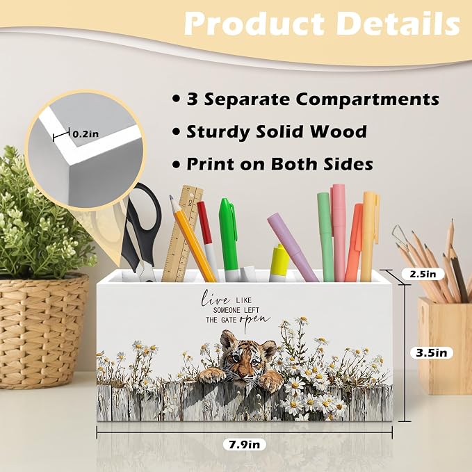 Rustic Tiger Pen Holder Organizer, Farmhouse Tiger Gifts for Women Girls Desk Decor, Live Like Someone Left the Gate Open Wooden Pen Pencil Holders for Vintage Desk Accessories