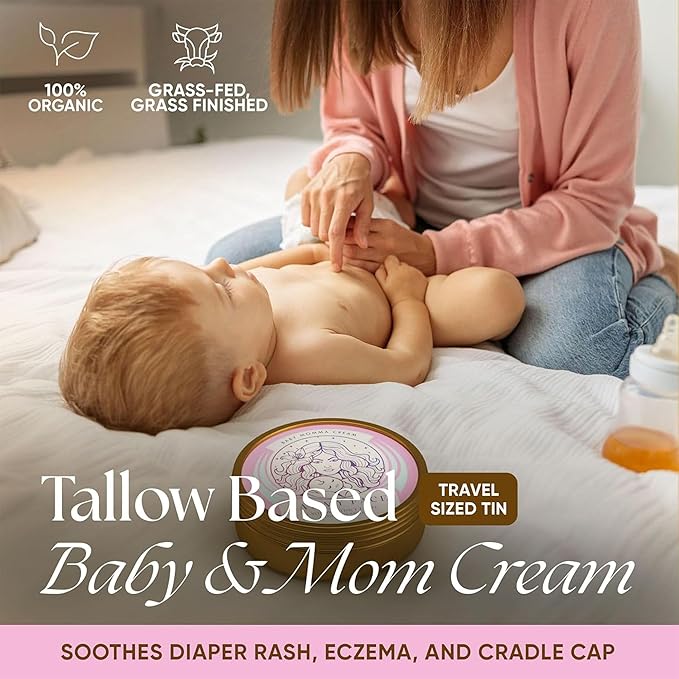 Baby Momma Cream and Natural Tallow Bar Soap Bundle - Grass-Fed Tallow for Babies & Moms - Unscented Moisturizing & Nourishing Handmade, Organic Ingredients for All Skin Types - 4 oz & 4.5 oz