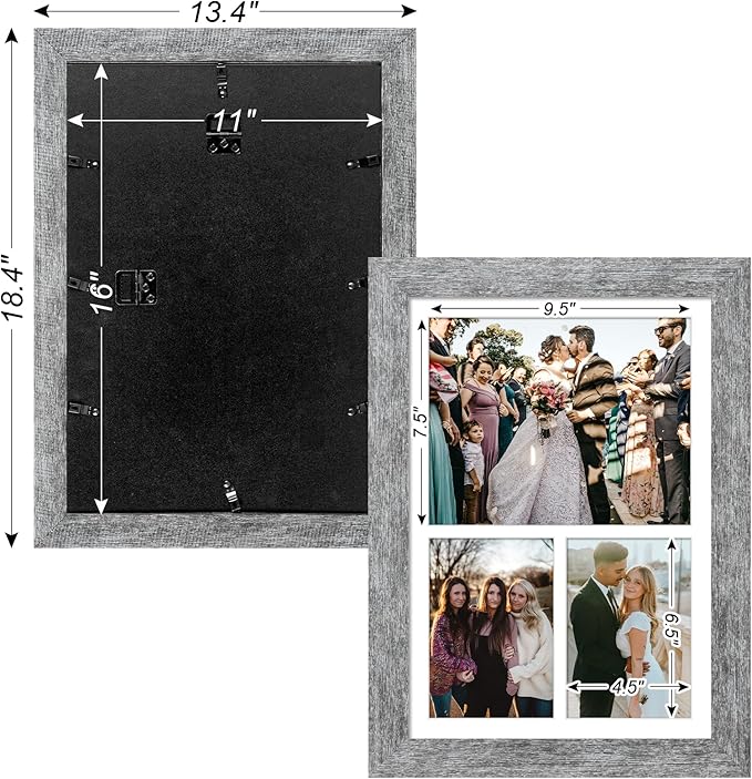 11x16 Picture Frame Display 3 opening Picture Frame 5x7 and 8x10 Collage,Multi Photo Frame with Mat,Plexiglass,Horizontal and Vertical Formats for Wall Decor,Grey Wood Grain