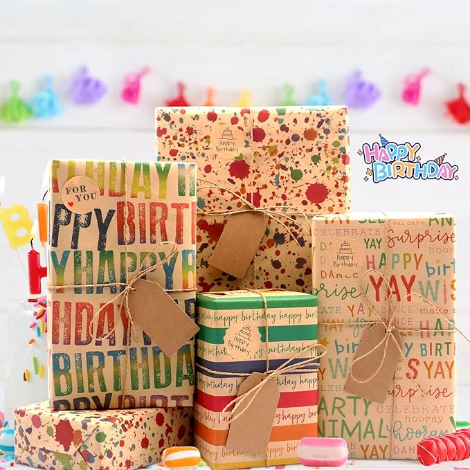 MAMUNU Birthday Wrapping Paper, 8 Sheets Brown Kraft Recycled Gift Wrapping Paper, Colorful Happy Birthday Gift Wrapping Paper Set with Stickers and Tags for Kids Women Men Birthday All Occasions, 20×28 Inch