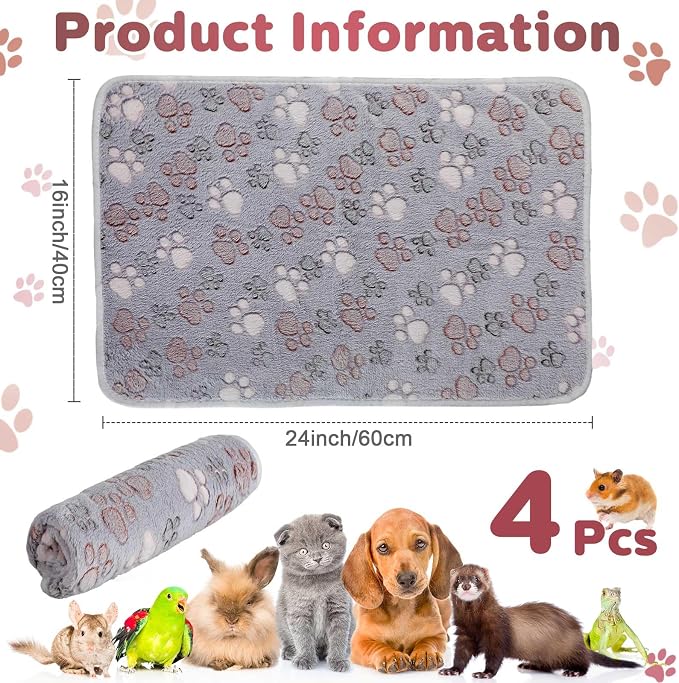Reginary 4 Pcs Guinea Pig Fleece Blankets, Adorable Paw, 24 x 16 Inch | Waterproof Washable Cage Liners, Absorbent Double Layer Bedding for Guinea Pigs, Reusable Pads for Hamsters Rabbits