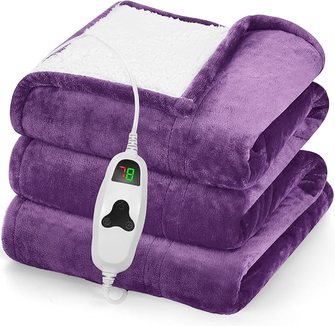 greenoak Heated Blanket Electric Throw 50"X60", Heating Blankets with 10 Heat Levels 8 Hours Auto-Off, Soft Flannel Sherpa Fluffy House Warming Gifts for Grandma Seniors Momt,Wisteria