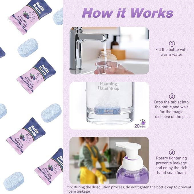 Foam Soap Refill with Dispenser Hand Wash Set, 12 Foaming Hand Soap Refills Tablets +1 Glass Foaming Dispenser +2 Microfiber Cloths, Make 96 fl oz - No Plastic, Cleansing & Moisturizing, Lavender