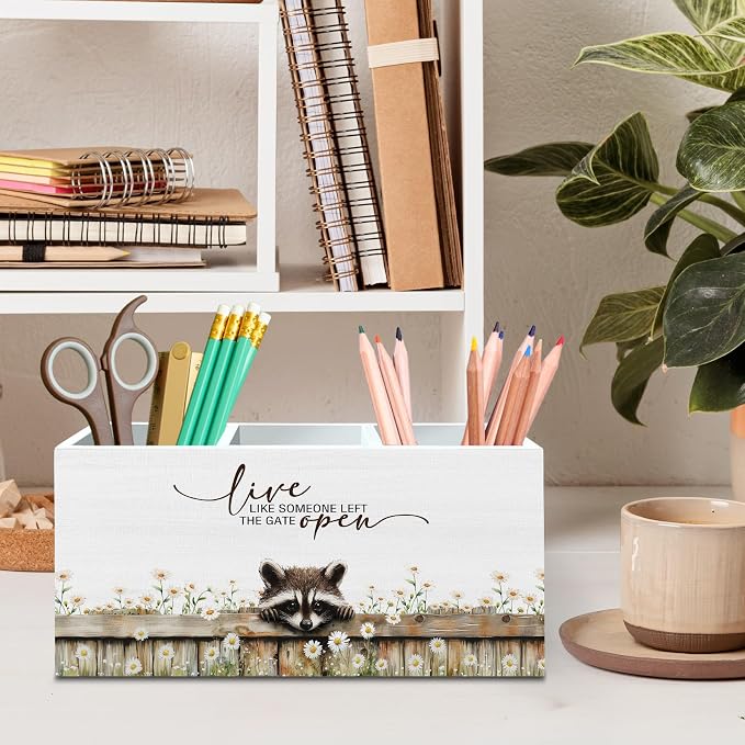 DILSJ Raccoon Inspirational Pen Pencil Holder Organizer For Desk, Raccoon Gifts, Rustic Floral Live Like Someone Left The Gate Open Wooden Box Signs For Home Office Desk Tabletop Decoration