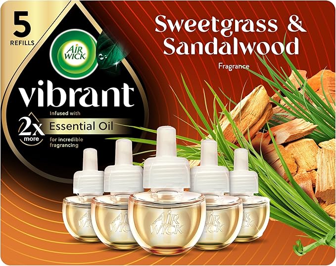 Air Wick Plug In Scented Oil Refills, Sweetgrass + Sandalwood, Air Fresheners for Home Long Lasting, Room Fresheners,Air Freshener Plug In, Essential Oils, Home Essentials for Small&Large Spaces,5 ct
