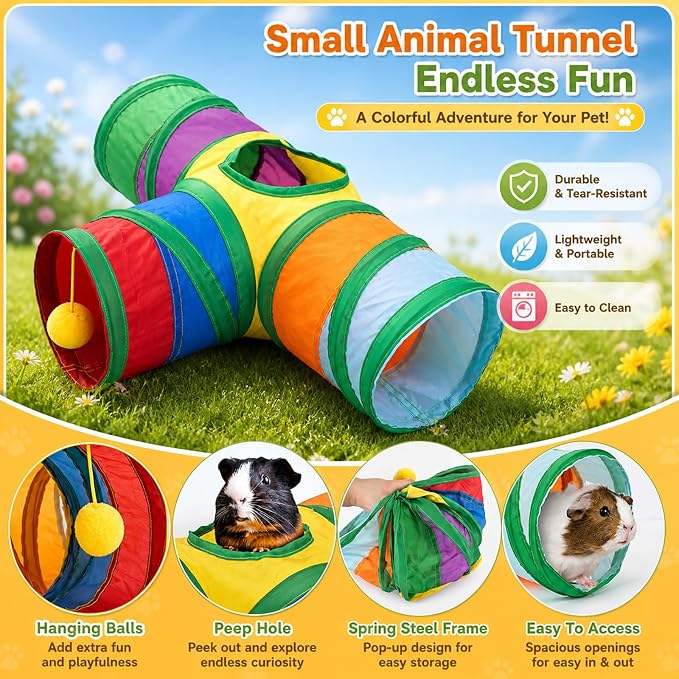 Rypet Guinea Pig Tunnel Hideout 3-Way Collapsible Small Pet Tubes, Rainbow | 3 Way Design for Exploration, Collapsible for Easy Storage, Built-in Play Ball, Hiding & Resting for Hamsters Ferrets