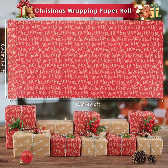 AhfuLife 2 Rolls Christmas Wrapping Paper - 17 Inch × 49.2 Feet Per Roll, Recyclable Red Brown Kraft Xmas Wrapping Paper Roll for Kids Christmas Gift Box Birthday Party Decoration -138 sq. ft. ttl