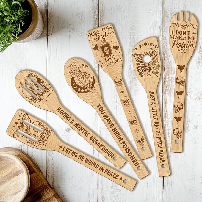 CUTHOLLOW 6PCS Skeleton and Moon Wooden Kitchen Cooking Utensil Set, 11.9in Non Toxic Bamboo Wood Spoon Set for Cooking, Best Housewarming Halloween Decor Gift for Women Mother