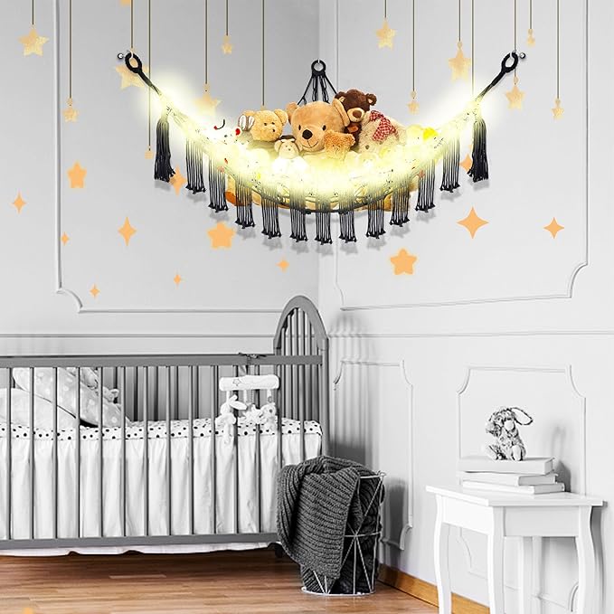 CERETIA Stuffed Animal Hammock with LED Light, Large Stuffed Animals Storage Corner Plushie Net for Kids Room Decor, Jumbo Black
