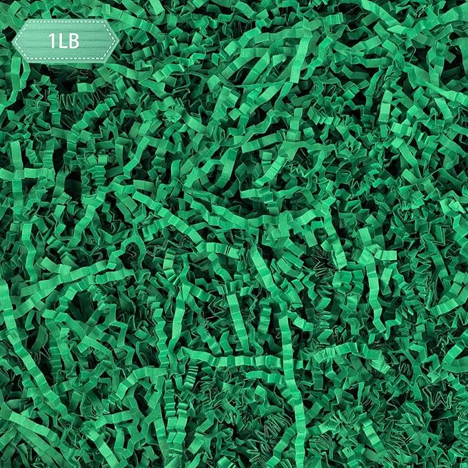 NEWMIAO 1LB Green Crinkle Cut Paper Shred Filler, Gift Box Stuffing Decorative Shredded Crinkle Paper, Holiday Shred Filler for Christmas Gift Bags Baskets and Packaging