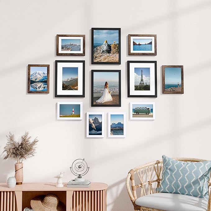Vittanly 12 Pack Picture Frames Collage Wall Decor for Mounting or Tabletop Display, Gallery Wall Frame Set for Family, Multi Sizes Including 4pcs 8x10, 4pcs 5x7, 4pcs 4x6, Black, Brown and White