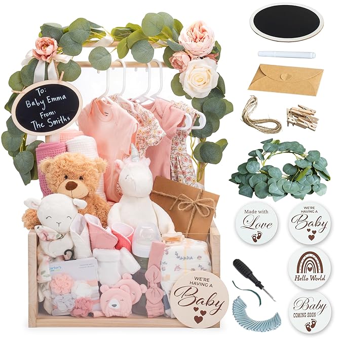 Wooden Baby Shower Crate Closet with Clear Acrylic Front - Customizable Wooden Crate Box with Dual Rod System, Easy Assembly Baby Baskets and Gift Display for Baby Shower (Natural Wood)