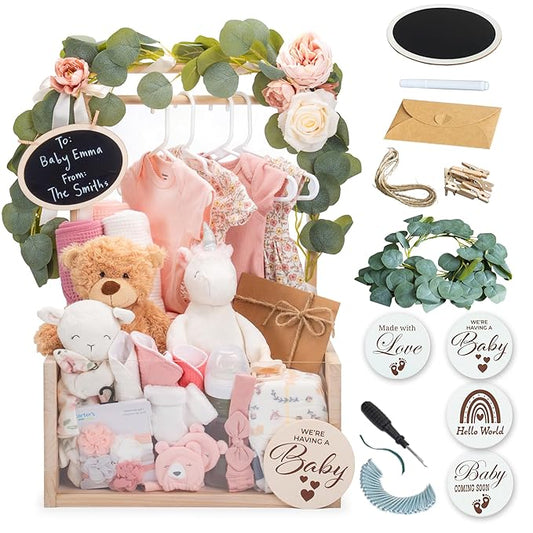 Wooden Baby Shower Crate Closet with Clear Acrylic Front - Customizable Wooden Crate Box with Dual Rod System, Easy Assembly Baby Baskets and Gift Display for Baby Shower (Natural Wood)