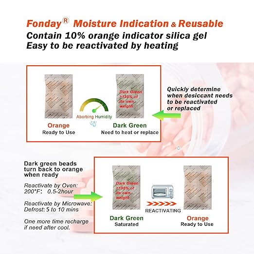 10g x 30 packs Fonday Rechargeable Silica Gel Desiccant Packets Fast Reactivate Desiccant Bags Moisture Indicating Orange to Green