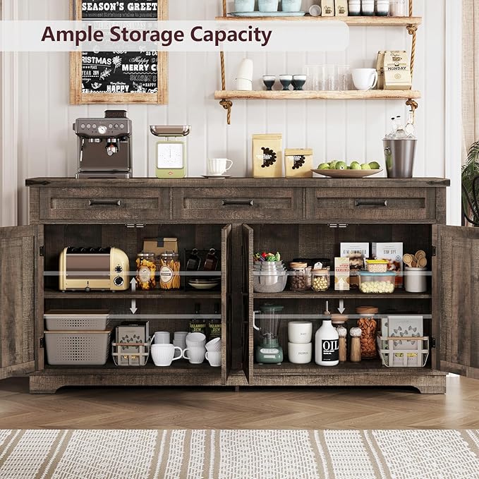 usikey Buffet Cabinet, 61” Large Sideboard Buffet Storage Cabinet with 3 Drawers, Farmhouse Coffee Bar with 4 Doors, Buffet Table for Kitchen, Living Room, Antique Oak