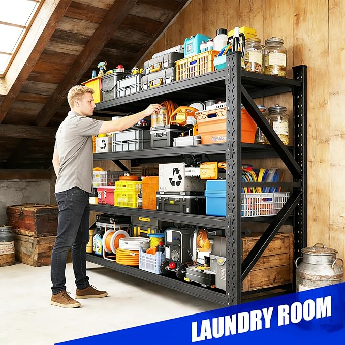 60''W Garage Shelving Adjustable Garage Shelves 5000LBS Storage Shelves,4-Tier Metal Shelving Unit Storage Shelf, Easy Assembly Utility Shelf for Warehouse, Basement, Black (70'H x 60''W x 24''D)