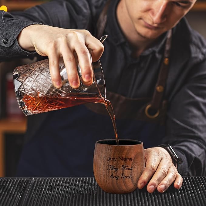Personalized Whiskey Glasses Custom Wooden Whiskey Glass Groomsmen Gifts Bourbon Drinking Glasses Gifts with Any Text for Birthday Christmas Fathers Day Wedding (Design 1)