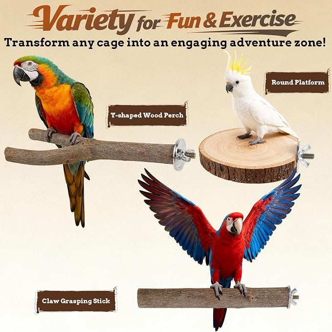 8 PCS Bird Perch Set | Natural Birch Wood, Straight & Forked Perches with Platforms, For Parakeets, Cockatiels, Conures, Lovebirds, Cage Accessories