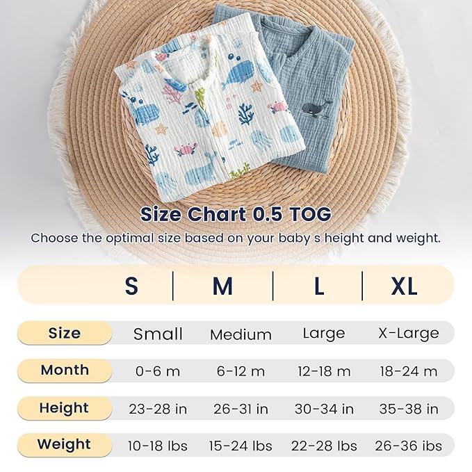 PHF 100% Muslin Cotton Baby Sleep Sack, 12-18 Months Baby Wearable Blanket with 2-Way Zipper, 2 Pack Soft Breathable Cooling 0.5 TOG Large Size Sleeveless Sleeping Bag for Boys/Girls, Mermaid