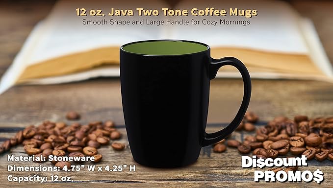 DISCOUNT PROMOS 10 Java Two Tone Coffee Mugs Set, 12 oz. - Stoneware, Durable, Easy Grip - BLACKLIME
