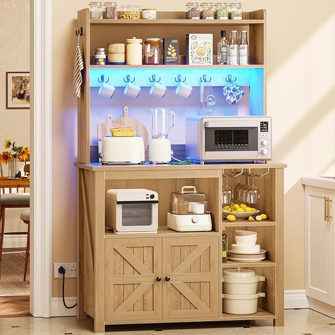 Itaar 35.4 inch Bakers Rack with Power Outlet and Storage, Farmhouse Coffee Bar Cabinet, Microwave Stand Kitchen Cabinet with Hutch, LED Lights, Wine Glass Holder and 8 Hooks, Oak