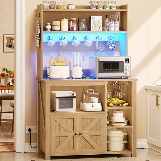 Itaar 35.4 inch Bakers Rack with Power Outlet and Storage, Farmhouse Coffee Bar Cabinet, Microwave Stand Kitchen Cabinet with Hutch, LED Lights, Wine Glass Holder and 8 Hooks, Oak