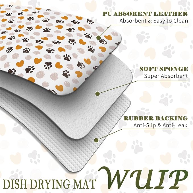 Dog Decor Dish Drying Mats for Kitchen Counter, Dog Lover Gifts, Cute Puppy Paw Print Absorbent Reversible Coffee Bar Mat Drying Pad for Kitchen Decor, 12x15 Inch