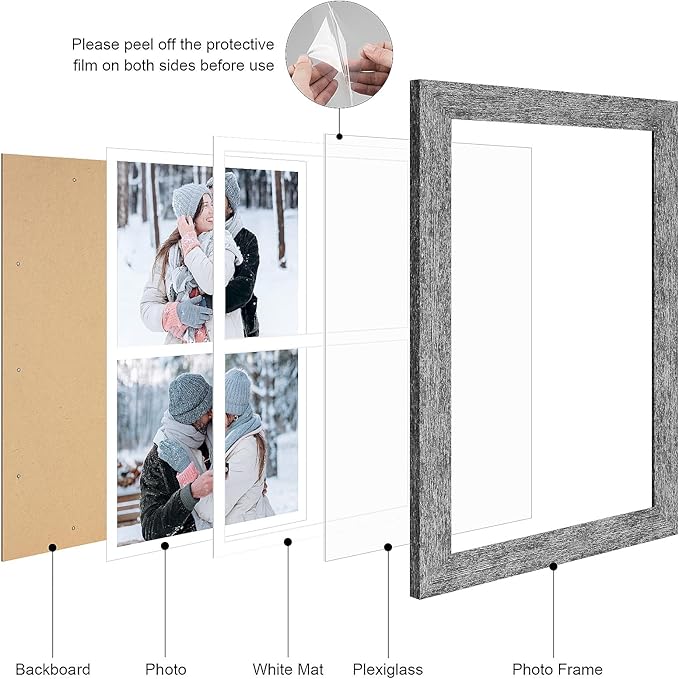 11x17 Picture Frame Display 2 opening 8X10 Double Picture Frame Collage,Multi Photo Frame with Mat,Plexiglass,Wall Mount Decor,Grey Wood Grain
