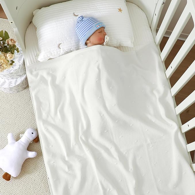 Neiwech Cotton Baby Blanket Knit Soft Cozy Lightweight Crib Stroller Nursery Receiving Swaddling Blankets for Newborn Infants Boys Girls White 30x40 Inch