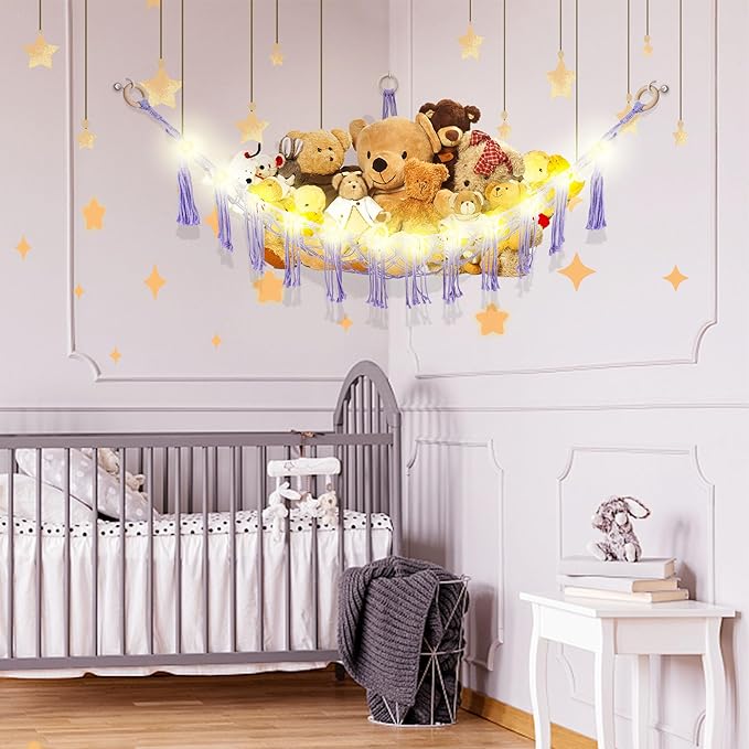 CERETIA Stuffed Animal Hammock with LED Light, Large Stuffed Animals Storage Corner Plushie Net for Kids Room Decor, Purple