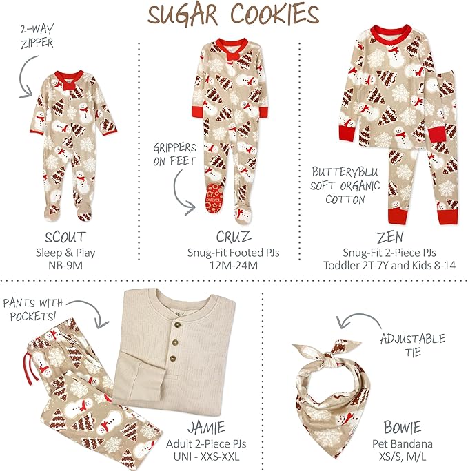 JAMIE Matching Family Jammies Holiday Pajamas 100% Organic Cotton PJs Adults, Kids, Toddlers, Baby, Pets