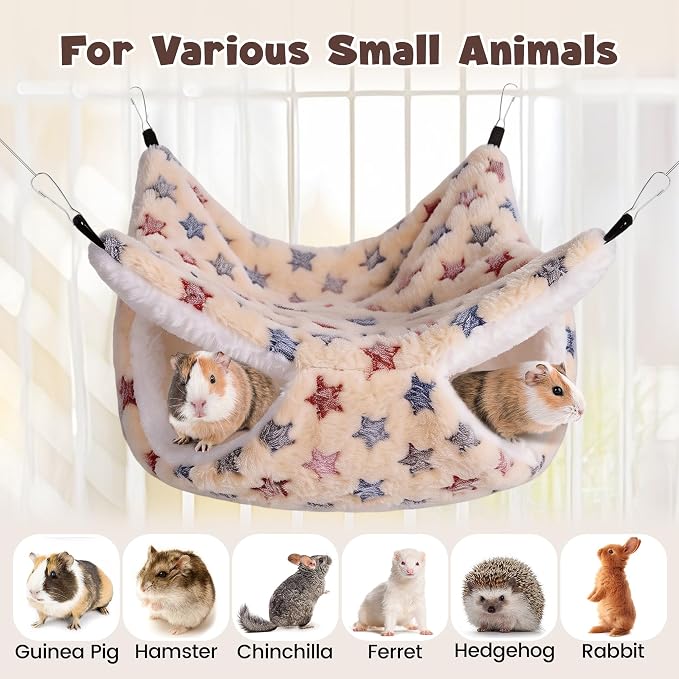 MCEAST 4 Pieces Small Pets Cage Accessories Hanging Hammock Sleeping Bag Tunnel and Bed Hideout Set Warm Sleep Nap Sack Bed for Hamster Ferret Squirrel Rabbit, Light Brown and Gray Stars