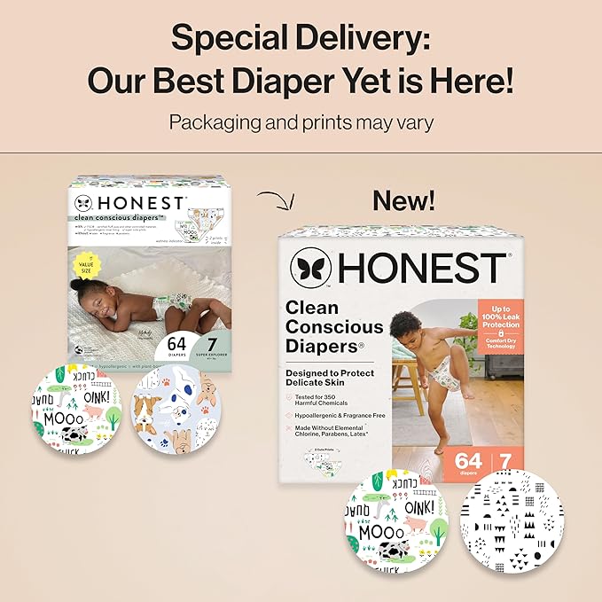 The Honest Company Clean Conscious Diapers for Delicate Skin Up to 100% Leakproof Hypoallergenic Fragrance-Free Baby Gender Neutral Prints Super Club Box Size 7 (41 lbs) 64 Count