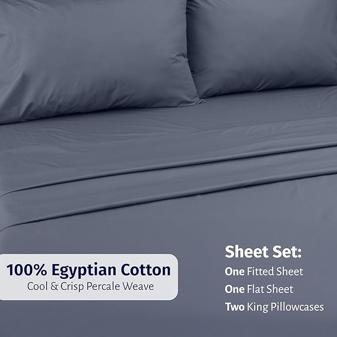 California Design Den Certified 100% Egyptian Cotton California King Sheets Set - Lightweight Percale Cal King Sheet Set with Deep Pockets, Cool, Crisp & Durable Luxury Bedding - Mineral Blue