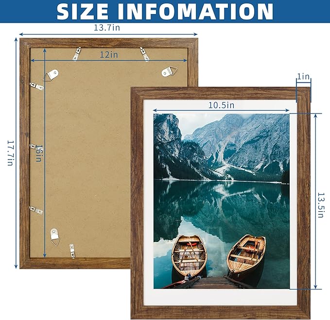 12x16 Picture Frame Set of 2, Rustic Brown Wood Style - Display 12 x 16 Poster without Mat or 11x14 Picture with Mat, Wall Mounting Horizontal and Vertical