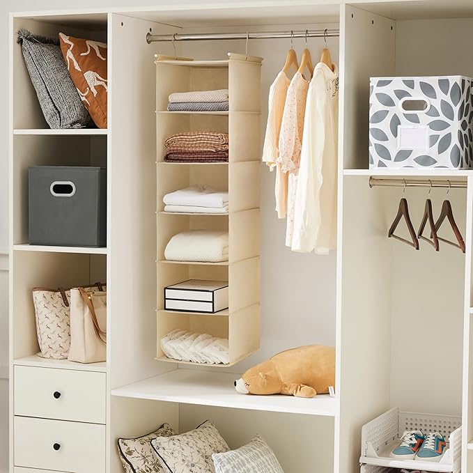 MAX Houser 6 Tier Shelf Hanging Closet Organizer, Cloth Hanging Shelf with 2 Sturdy Hooks for Storage, Foldable (Beige)